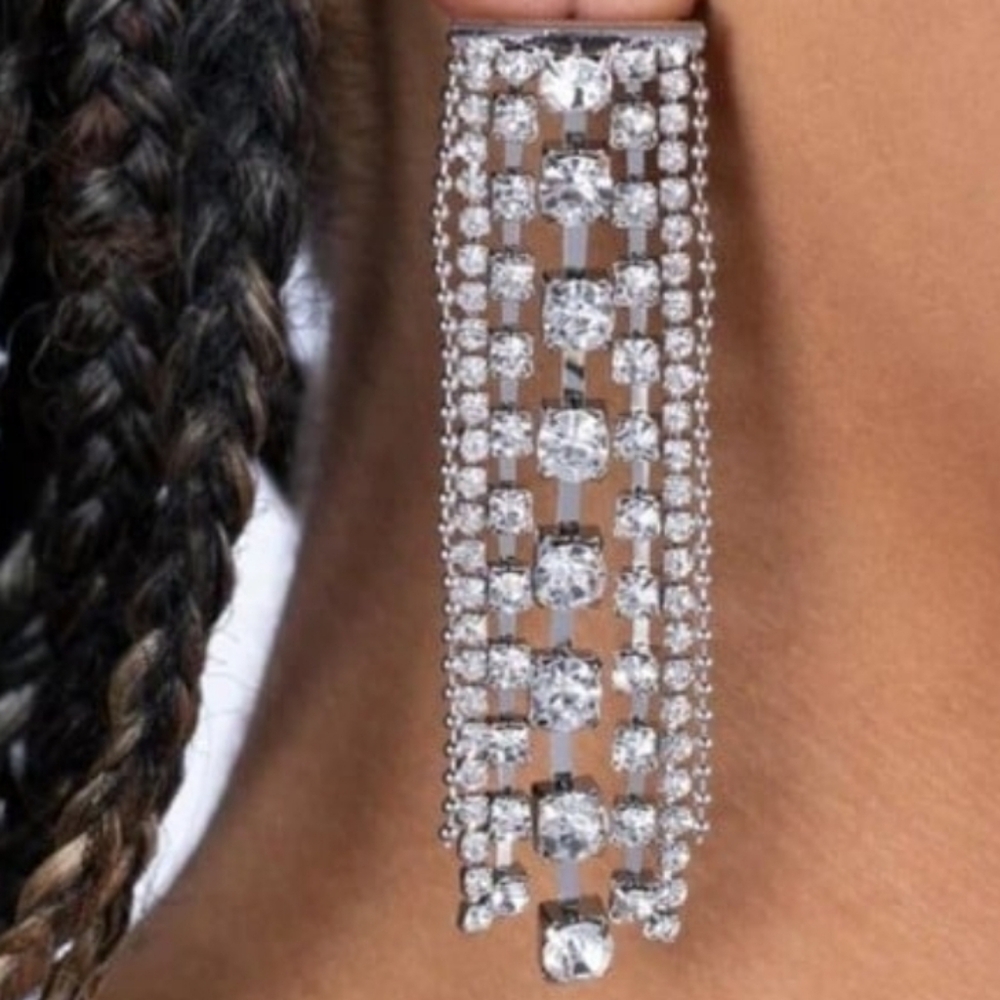 Starry Streamers White Paparazzi Silver Crystal Dangle Post Earrings Fashion - Picture 5 of 6